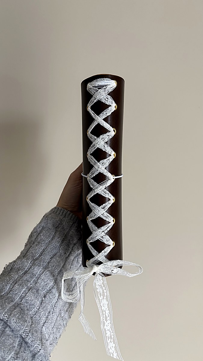 Cognac leather journal lifestyle with coffee mug and pen