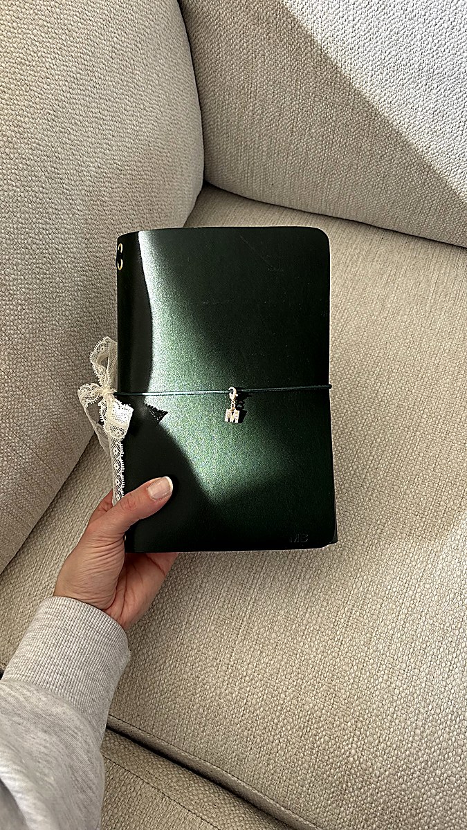 Burgundy journal with lilac ribbon and gold eyelets